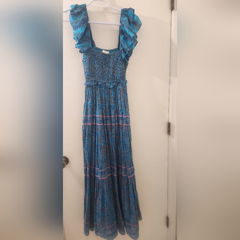 Cleobella Blue and Pink Ruffle Maxi Dress, Size Extra Small, Organic Cotton.